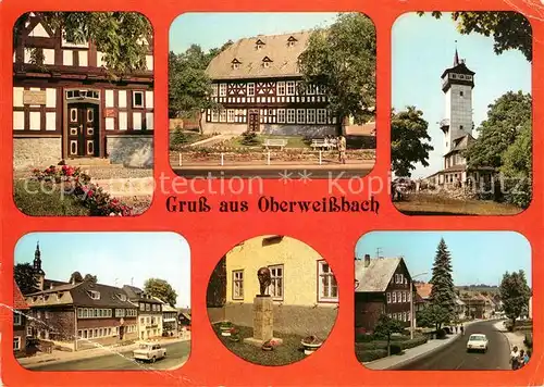 AK / Ansichtskarte Oberweissbach Froebelmuseum Portal Froebelturm Markt Gasthaus Rathaus Froebel Plastik am Museum Schwarzburger Strasse Kat. Oberweissbach