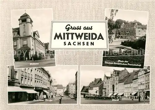 AK / Ansichtskarte Mittweida Postamt Rochlitzer Strasse Platz der Deutsch Sowjetischen Freundschaft Markt Kat. Mittweida