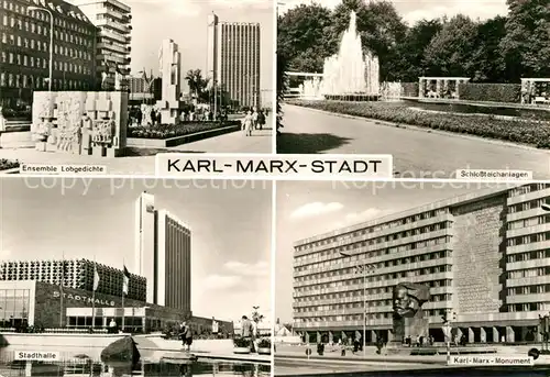 AK / Ansichtskarte Karl Marx Stadt Ensemble Lobgedichte Schlossteichanlagen Karl Marx Monument Denkmal Stadthalle Hochhaus Kat. Chemnitz