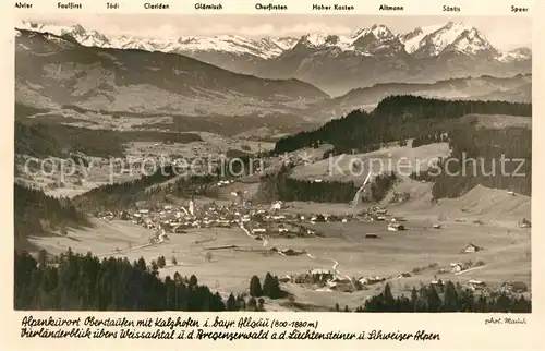 AK / Ansichtskarte Oberstaufen Alpenkurort mit Kalzhofen Vierlaenderblick Weissachtal Bregenzerwald Lichtensteiner Alpen Schweizer Alpen Kat. Oberstaufen