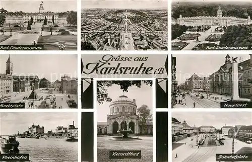 AK / Ansichtskarte Karlsruhe Baden Landesmuseum Marktplatz Rheinhafen Vierordtbad Hauptpost Bahnhofsplatz