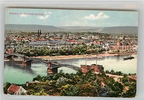 AK / Ansichtskarte Coblenz Koblenz Panorama mit Eisenbahnbruecke Kat. Koblenz Rhein