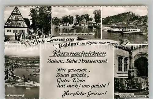 AK / Ansichtskarte Koblenz Rhein Weindorf Festung Ehrenbreitstein Deutsches Eck Schaengelchen Brunnen Kat. Koblenz