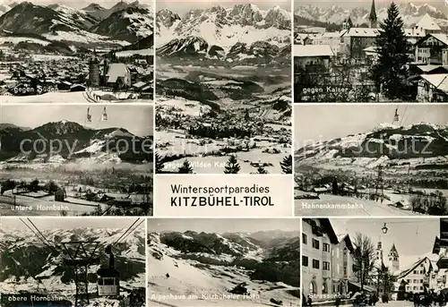 AK / Ansichtskarte Kitzbuehel Tirol Gesamtansicht mit Alpenpanorama Kaisergebirge Hahnenkammbahn Bergbahn Alpenhaus Kitzbueheler Horn Strassenbild Kat. Kitzbuehel