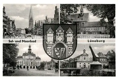 AK / Ansichtskarte Lueneburg Am Sande Johanniskirche Kloster Luene Kaufhaus Kran Rathaus Wappen Solbad Moorbad Kat. Lueneburg