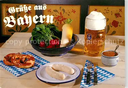 AK / Ansichtskarte Bier Brotzeit Bayern Weisswurst Brezel Radieschen  Kat. Lebensmittel