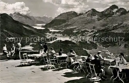 AK / Ansichtskarte Muottas Muragl Berghotel Kulm Terrasse gegen das Oberengadin Alpenpanorama Kat. Muottas Muragl