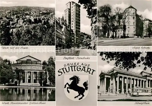 AK / Ansichtskarte Stuttgart Stadtpanorama Staatstheater Grosses Haus Tagblatt Turmhaus Altes Schloss Koenigsbau Wappen Kat. Stuttgart