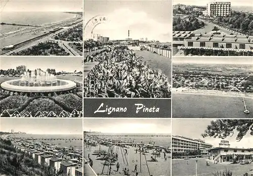 AK / Ansichtskarte Lignano Pineta Teilansichten Hotel Strand Promenade Wasserspiele Fliegeraufnahme Kat. Lignano