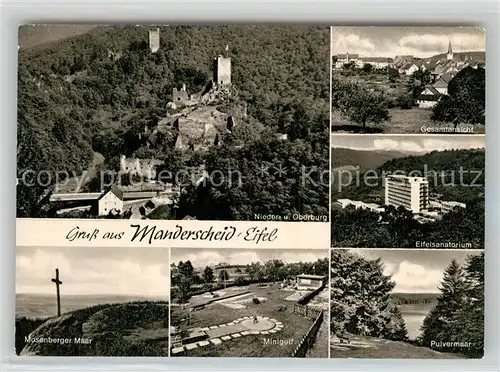 AK / Ansichtskarte Manderscheid Eifel FliegeraufnahmeBeider Burgen Eifelsanatorium Mosenburger MaarMinigolf Kat. Manderscheid