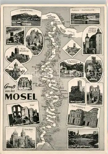 AK / Ansichtskarte Mosel Region Ehrenbreitstein Deutsches Eck Burg Bischofstein Burg Cochem Burg Ruine Ehrenberg Kaisertherme Ruine Landshut Porta Nigra Dom Amphitheater Kat. Koblenz