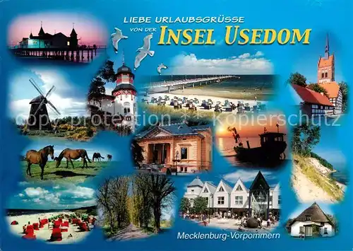 AK / Ansichtskarte Insel Usedom Seebruecken Strand Windmuehle Pferde