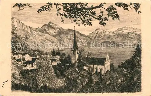 AK / Ansichtskarte Weggis Vierwaldstaettersee mit Niederbauen und Oberbauen Original Radierung Handabzug Kuenstlerkarte