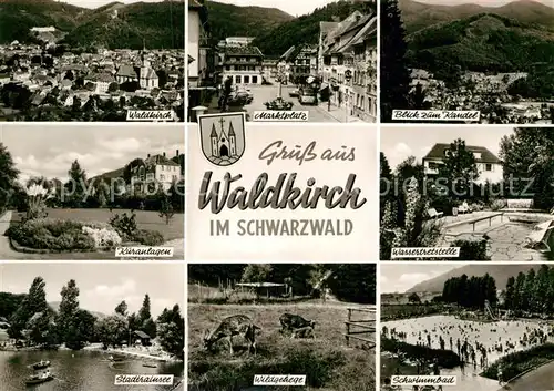 AK / Ansichtskarte Waldkirch Breisgau Stadtpanorama Kuranlagen Stadtrainsee Wildgehege Marktplatz Kandel Schwarzwald Wassertreten Schwimmbad Kat. Waldkirch