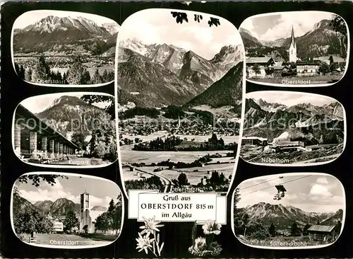 AK / Ansichtskarte Oberstdorf Gesamtansicht mit Alpenpanorama Kurpark Kirche Nebelhorn Allgaeuer Alpen Soellereckbahn Kat. Oberstdorf