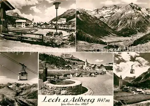 AK / Ansichtskarte Lech Vorarlberg Gesamtansicht mit Alpenpanorama Bergbahn Brunnen Partie am Fluss Kat. Lech