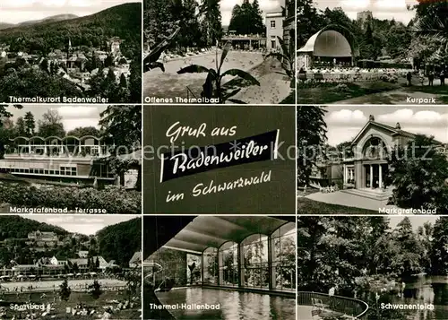 AK / Ansichtskarte Badenweiler Thermalkurort Schwarzwald Markgrafenbad Sportbad Thermalbad Kurpark Konzertpavillon Schwanenteich Kat. Badenweiler