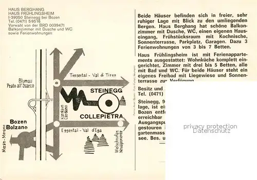 AK / Ansichtskarte Steinegg Karneid Suedtirol Haus Berghang Fruehlingsheim Schwimmbad Doppelzimmer Gaststube Kat. 
