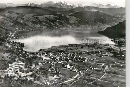 AK / Ansichtskarte Unteraegeri Hotel Waldheim aegerisee Alpenpanorama Fliegeraufnahme Kat. Unteraegeri