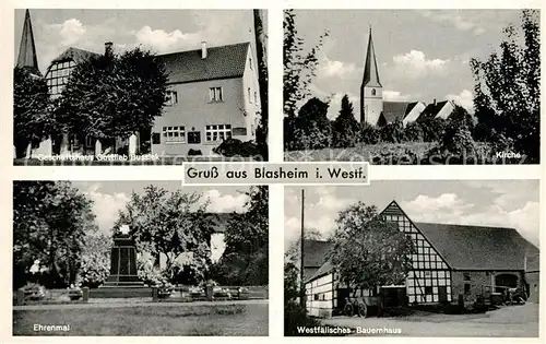 AK / Ansichtskarte Blasheim Kirche Ehrenmal Geschaeftshaus Gottlieb Bussiek Kat. Luebbecke