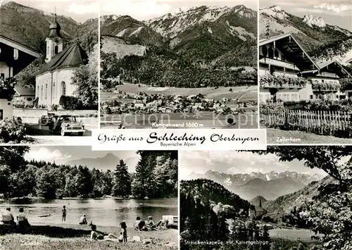 AK / Ansichtskarte Schleching Gesamtansicht mit Kampenwand Bayerische Alpen Kirche Zellersee Streichenkapelle mit Kaisergebirge Kat. Schleching