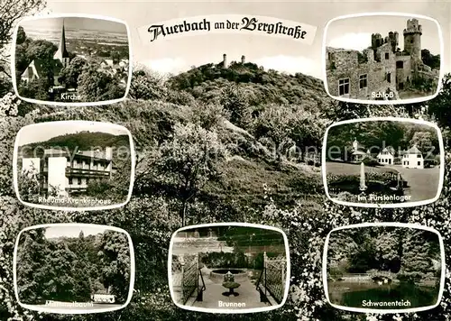 AK / Ansichtskarte Auerbach Bergstrasse Kirche Schloss Krankenhaus Fuerstenlager Mammutbaum Brunnen Schwanenteich Kat. Bensheim