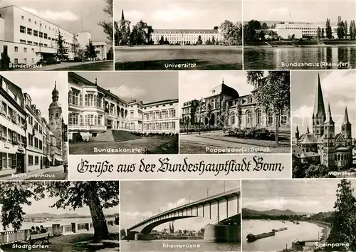 AK / Ansichtskarte Bonn Rhein Bundeshaus Universitaet Rheinufer Beethovenhaus Bundeskanzlei Schloss Muenster Rheinbruecke Stadtgarten Kat. Bonn