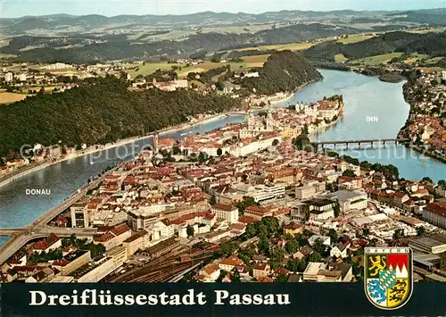 AK / Ansichtskarte Passau Dreifluessestadt Muendung Inn Ilz Donau Fliegeraufnahme Wappen Kat. Passau