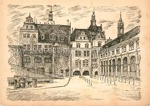 AK / Ansichtskarte Dresden Stallhof des ehemaligen Schlosses Zeichnung Kuenstlerkarte Serie B 106 Stoeckel Bildkarte U 38 Kat. Dresden Elbe