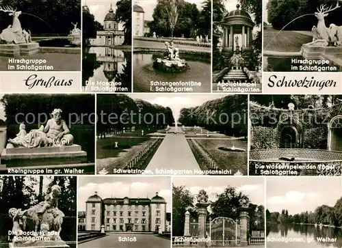 AK / Ansichtskarte Schwetzingen Hirschgruppe Schlossgarten Moschee Fontaene Apollotempel Hirschgruppe Rheingruppe Bacchuskinder Schloss Portal Weiher Kat. Schwetzingen