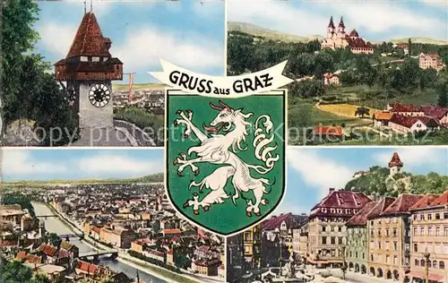 AK / Ansichtskarte Graz Steiermark Schlossberg Uhrturm Stadtpanorama Wappen Kat. Graz
