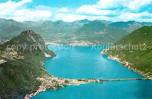 AK / Ansichtskarte Lugano Lago di Lugano Ponte die Melide Monte Bre e il San Salvatore Luganer See Alpenpanorama Fliegeraufnahme