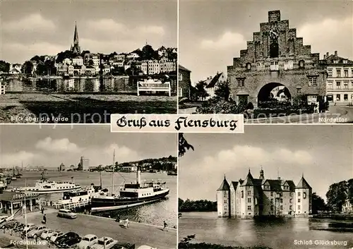 AK / Ansichtskarte Flensburg Blick ueber die Foerde Nordertor Foerderbruecke Schloss Gluecksburg Kat. Flensburg
