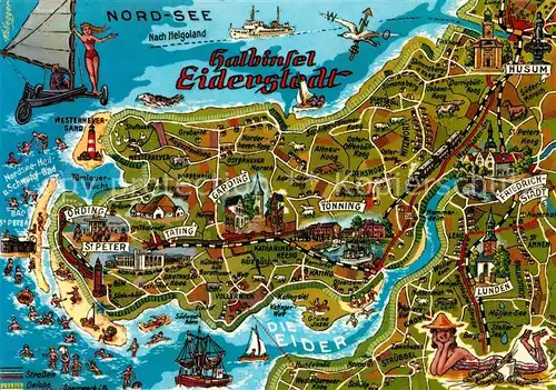 AK / Ansichtskarte Eiderstedt Halbinsel Landkarte mit Sehenswuerdigkeiten Kat. Toenning