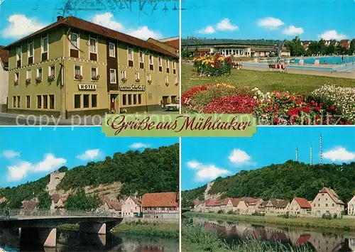 AK / Ansichtskarte Muehlacker Hotel Gasthof Scharfes Eck Freibad Partie am Fluss Kat. Muehlacker