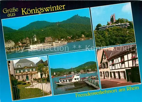 AK / Ansichtskarte Koenigswinter Teilansichten Fremdenverkehrsort am Rhein Bootsanleger Faehre Burgruine Kat. Koenigswinter