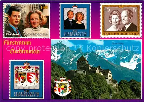 AK / Ansichtskarte Liechtenstein  Schloss Vaduz Staatswappen Briefmarken Motive Kat. Liechtenstein