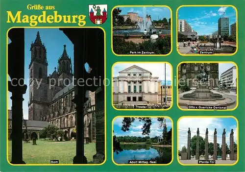 AK / Ansichtskarte Magdeburg Dom Park Zentrum Theater Otto von Guericke Denkmal Adolf Mittag See Pferde Tor Kat. Magdeburg