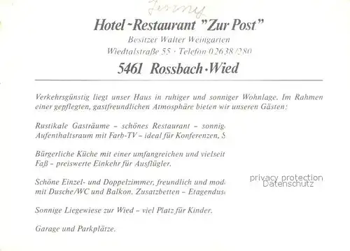 AK / Ansichtskarte Rossbach Wied Hotel Restaurant Zur Post Kat. Rossbach