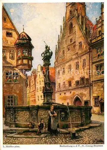AK / Ansichtskarte Rothenburg Tauber St Georg Brunnen mit Rathaus Kat. Rothenburg ob der Tauber