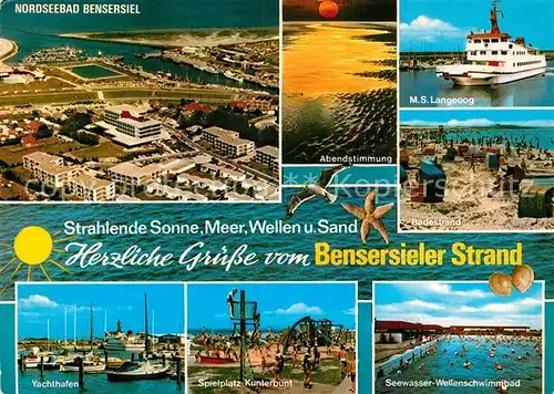 AK / Ansichtskarte Bensersiel Fliegeraufnahme Personenschiff Langeoog Badestrand Yachthafen Sewasserbad Kat. Esens