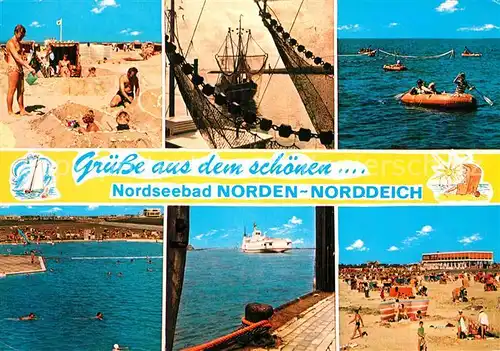 AK / Ansichtskarte Norden Norddeich Ostfriesland Strand Faehre Fischkutter Freibad Kat. Norden