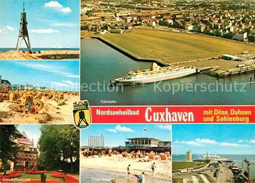 AK / Ansichtskarte Cuxhaven Duhnen Nordseebad Fliegeraufnahme Faehrhafen Kugelbarke Strand Schloss Ritzebuettel