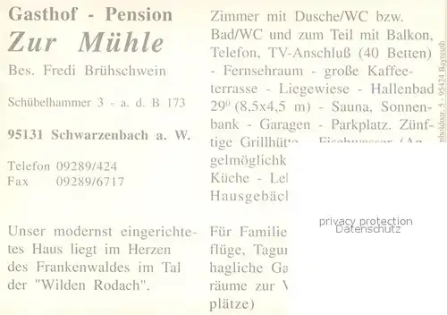 AK / Ansichtskarte Schwarzenbach Wald Gasthof Pension zur Muehle Kat. Schwarzenbach a.Wald