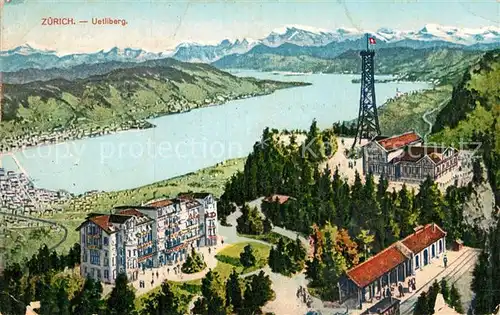 AK / Ansichtskarte Zuerich ZH Uetliberg Berghotel Restaurant Aussichtsturm Zuerichsee Alpenpanorama