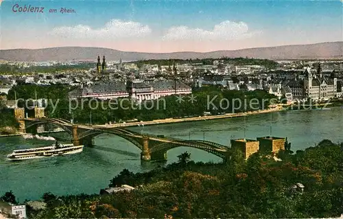 AK / Ansichtskarte Koblenz Rhein Panorama Blick ueber den Rhein Bruecke Dampfer Kat. Koblenz