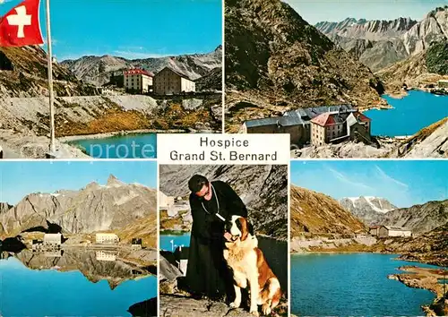 AK / Ansichtskarte Grand Saint Bernard Hospice Panorama See Mann mit Bernhardiener Hund Kat. 