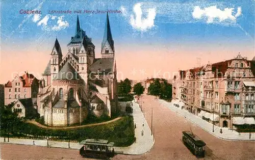 AK / Ansichtskarte Koblenz Rhein Loehrstrasse mit Herz Jesu Kirche Strassenbahnen Kat. Koblenz