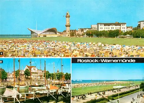 Rostock Warnemuende Strand mit Teepott und Leuchtturm Am alten Strom HO Cafe Atlantis Kat. Rostock