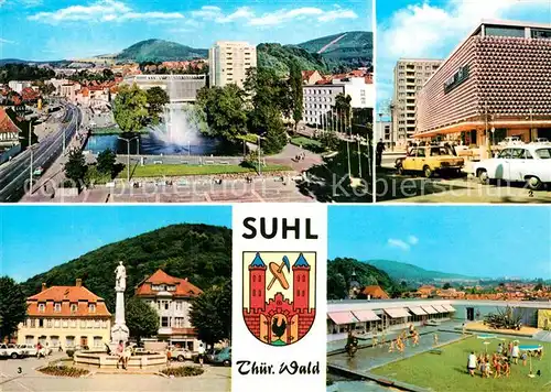 AK / Ansichtskarte Suhl Thueringer Wald Stadtzentrum Warenhaus Centrum Markt Waffenschmied Denkmal Kindergarten Kat. Suhl